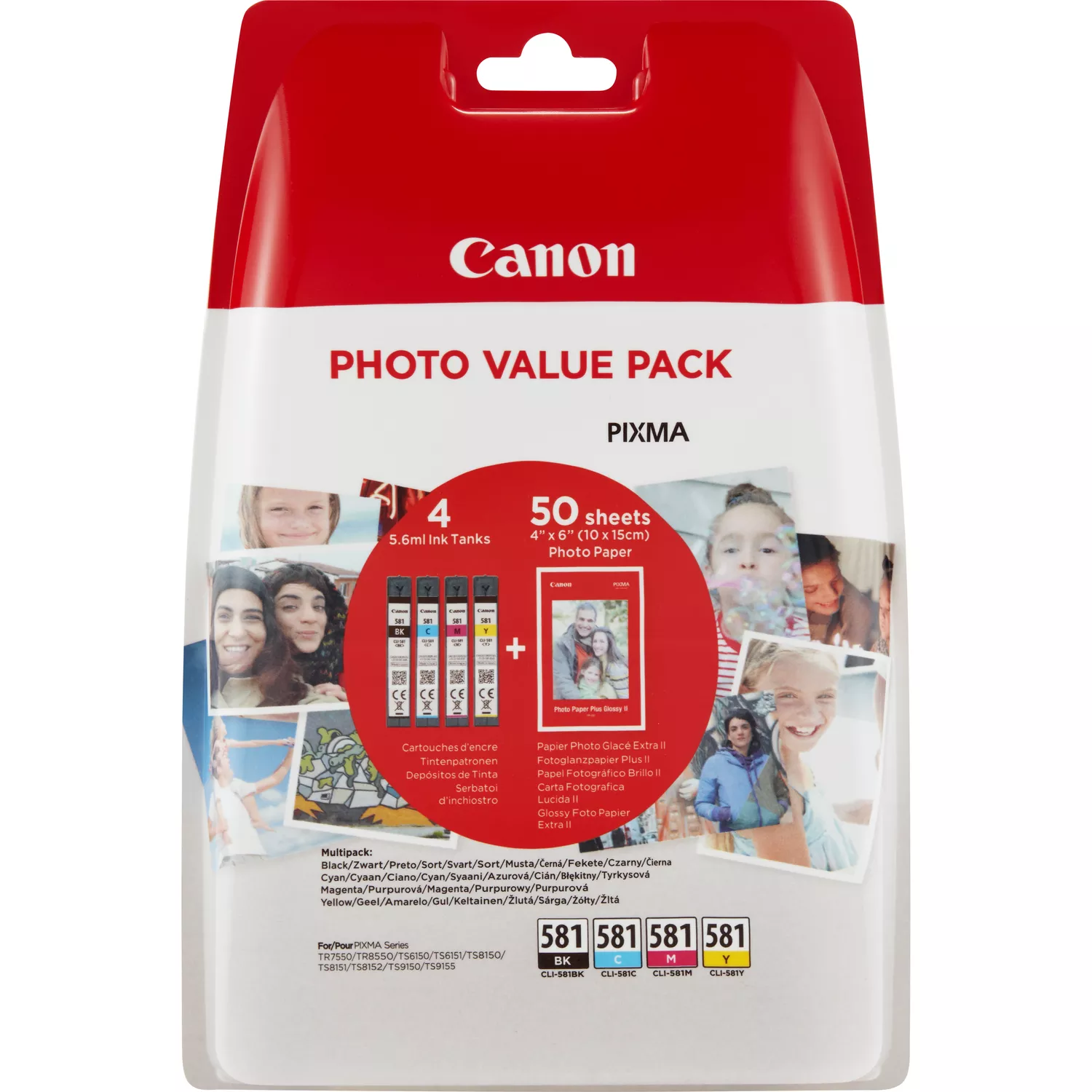 Canon CLI581 Confezione da 4 Cartucce d'inchiostro Originali - 50 Fogli di Carta Fotografica - 2106C005/2106C006