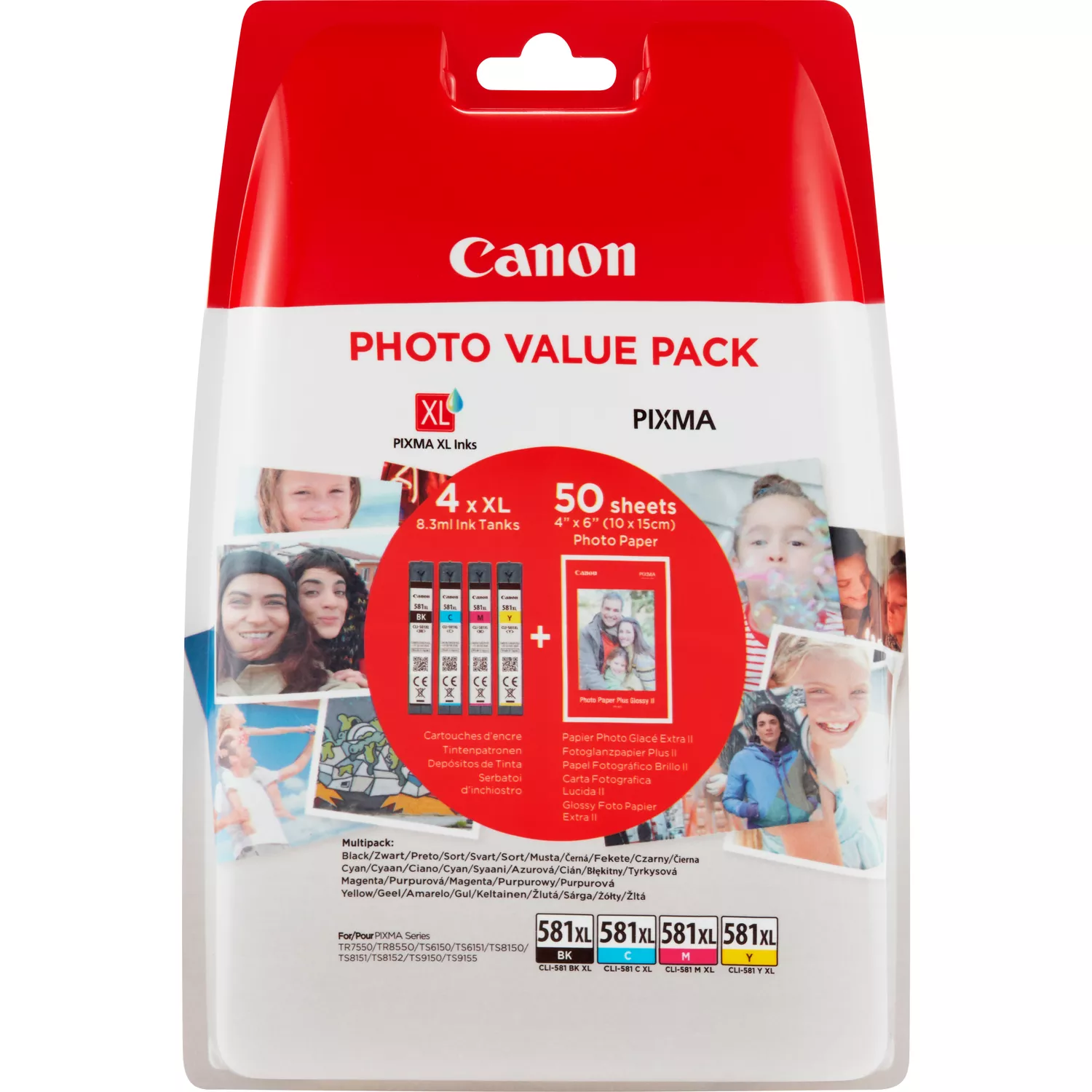 Canon CLI581XL Confezione da 4 cartucce d'inchiostro Originale - 50 fogli di carta fotografica - 2052C004/2052C006