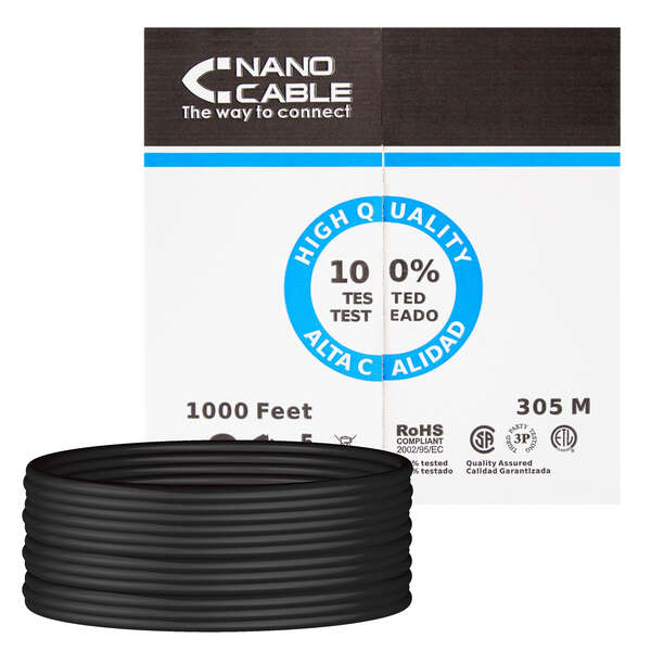 Nanocable bobina di cavo di rete rigido impermeabile per esterni RJ45 Cat.6 UTP AWG24 305m - Colore Nero