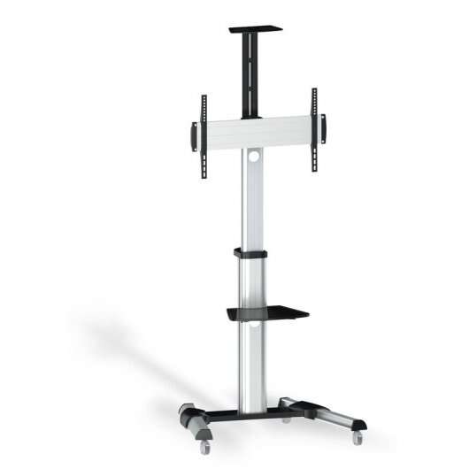 Supporto da pavimento Tooq con rotelle 37"-70" - Rotelle bloccabili - Due ripiani - Gestione dei cavi - Peso massimo 50Kg - VESA 600X400mm - Colore Alluminio/Nero