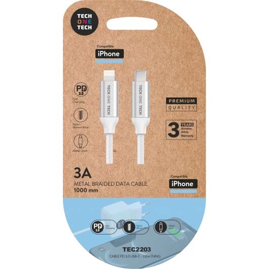TechOneTech Cavo USB-C PD 3.0 maschio a Lightning maschio 1 m - Rivestito in nylon intrecciato