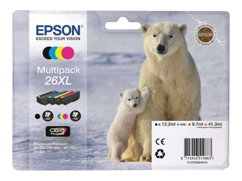Epson T2636 (26XL) Confezione da 4 Cartucce d'Inchiostro Originali - C13T26364010