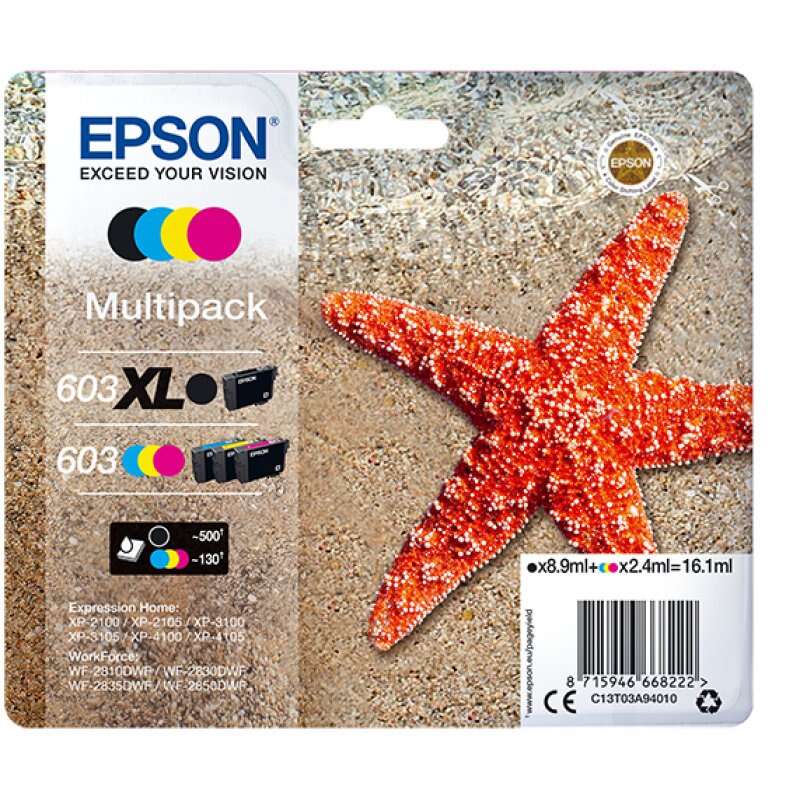 Epson 603XL/603 Confezione da 4 Cartucce d'Inchiostro Originali - C13T03A94010