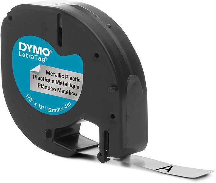 Nastro Originale per stampanti di etichette Dymo LetraTag S0721730 - Testo Nero su fondo metallizzato - Larghezza 12 mm x 4 metri (91208)