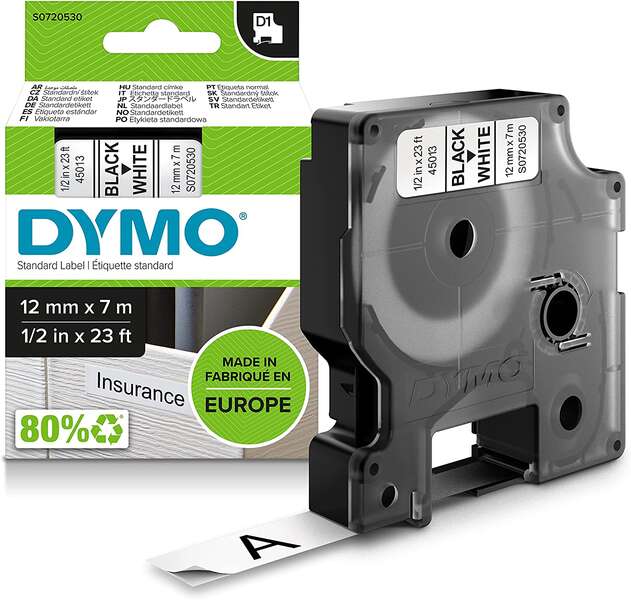 Nastro Originale per stampanti di etichette Dymo D1 45013 - Testo nero su fondo bianco - Larghezza 12 mm x 7 metri - S0720530