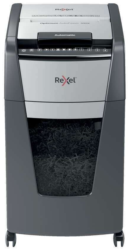 Rexel Optimum AutoFeed 300X Distruggidocumenti automatico con taglio a particelle P-4 - Alimentazione automatica 300 fogli e fessura manuale 10 fogli - Funzionamento ininterrotto 60 min - Cestino da 34 L - Colore Grigio/Argento