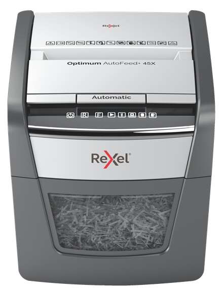 Rexel Optimum AutoFeed 45X Distruggidocumenti automatico a taglio a particelle - 20 L - Alimentazione automatica 45 fogli - Slot manuale 6 fogli - Anti-inceppamento