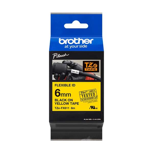 Brother TZeFX611 Nastro per etichette laminate flessibili Originale - Testo nero su fondo giallo - Larghezza 6 mm x 8 metri