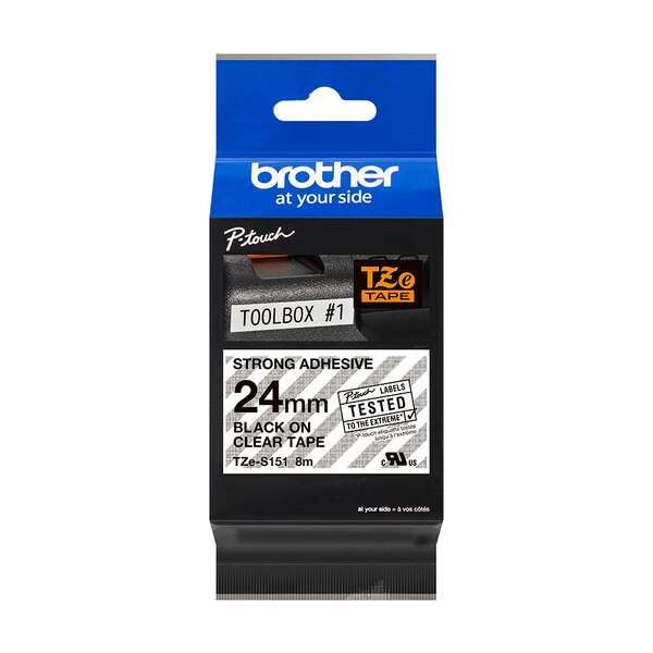 Brother TZeS151 Nastro per etichette laminato super adesivo originale - Testo nero su fondo trasparente - Larghezza 24 mm x 8 metri