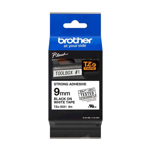 Brother TZeS221 Nastro Super Adesivo Originale per Etichette Laminate - Testo Nero su Fondo Bianco - Larghezza 9mm x 8 metri