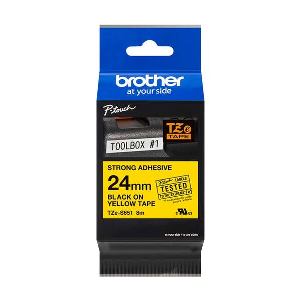 Brother TZeS651 Nastro Super Adesivo Laminato Originale - Testo Nero su Fondo Giallo - Larghezza 24 mm x 8 metri