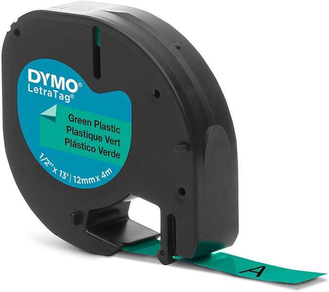 Nastro Originale per stampanti di etichette Dymo LetraTag S0721640 - Testo nero su fondo verde - Larghezza 12 mm x 4 metri (91204)