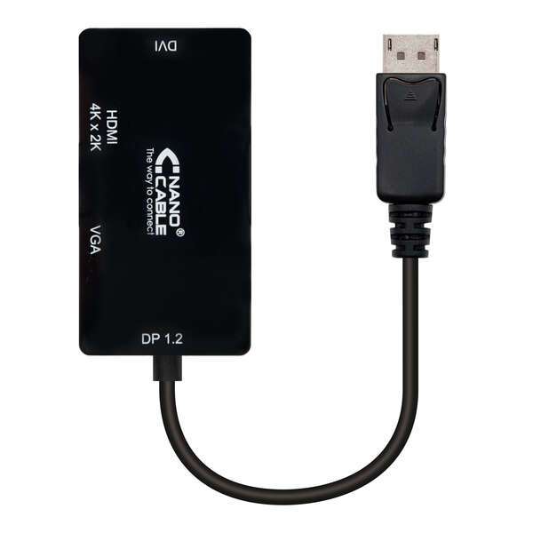 Nanocable Convertitore Displayport a VGA / DVI / HDMI - 3 in 1 - DP 1.2/M-VGA/H-DVI/H-HDMI/H 4K - 15 cm - Colore Nero