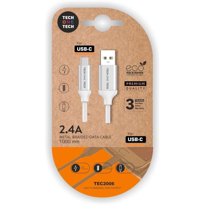 TechOneTech Cavo da USB-A maschio a USB-C maschio - Rivestito in nylon intrecciato - Lunghezza 1 m