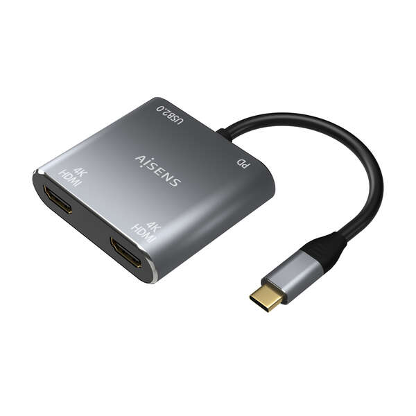 Aisens Convertitore da USB-C a 2xHDMI 4K SST MST/USB2.0/USB-C PD 60W - USB-C/M-2xHDMI/H-USB-A/H-USB-C/H - 15CM - Colore Grigio