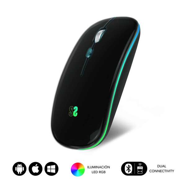 Subblim Dual Flat LED Mouse - Doppia connettività - Tecnologia Silent Click - Illuminazione LED in 7 colori - Colore Nero