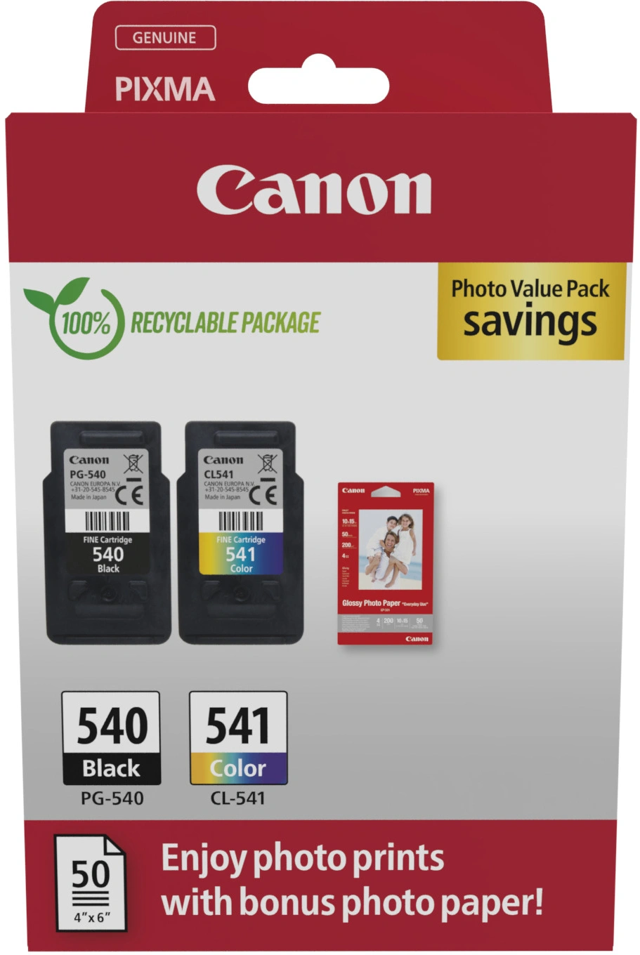 Canon PG540 Nero + CL541 Colore Confezione da 2 Cartucce d'Inchiostro Originali + 50 Fogli di Carta Fotografica - 5225B013