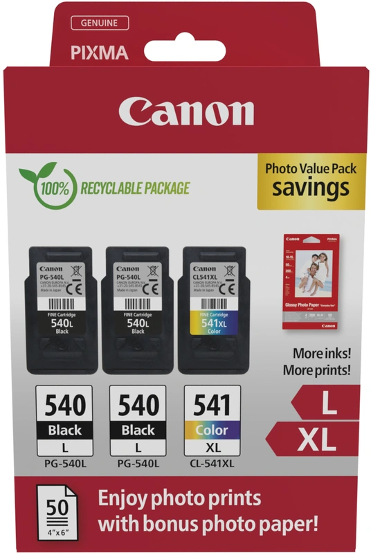 Canon PG540L Nero + CL541XL Colore Confezione da 3 Cartucce d'Inchiostro Originali + 50 Fogli di Carta Fotografica - 5224B015