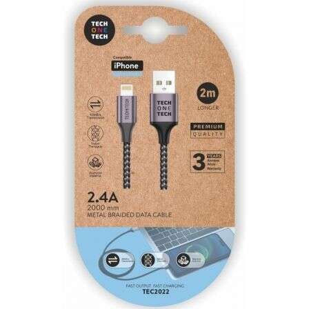 TechOneTech Cavo da USB-A maschio a Lightning maschio 2 m - Rivestito in nylon intrecciato
