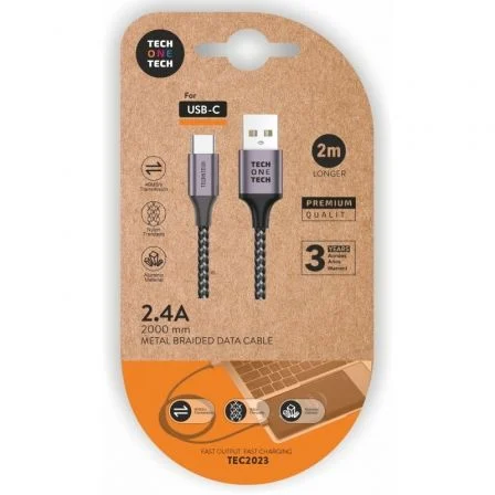 TechOneTech Cavo da USB-A maschio a USB-C maschio 2 m - Rivestito in nylon intrecciato