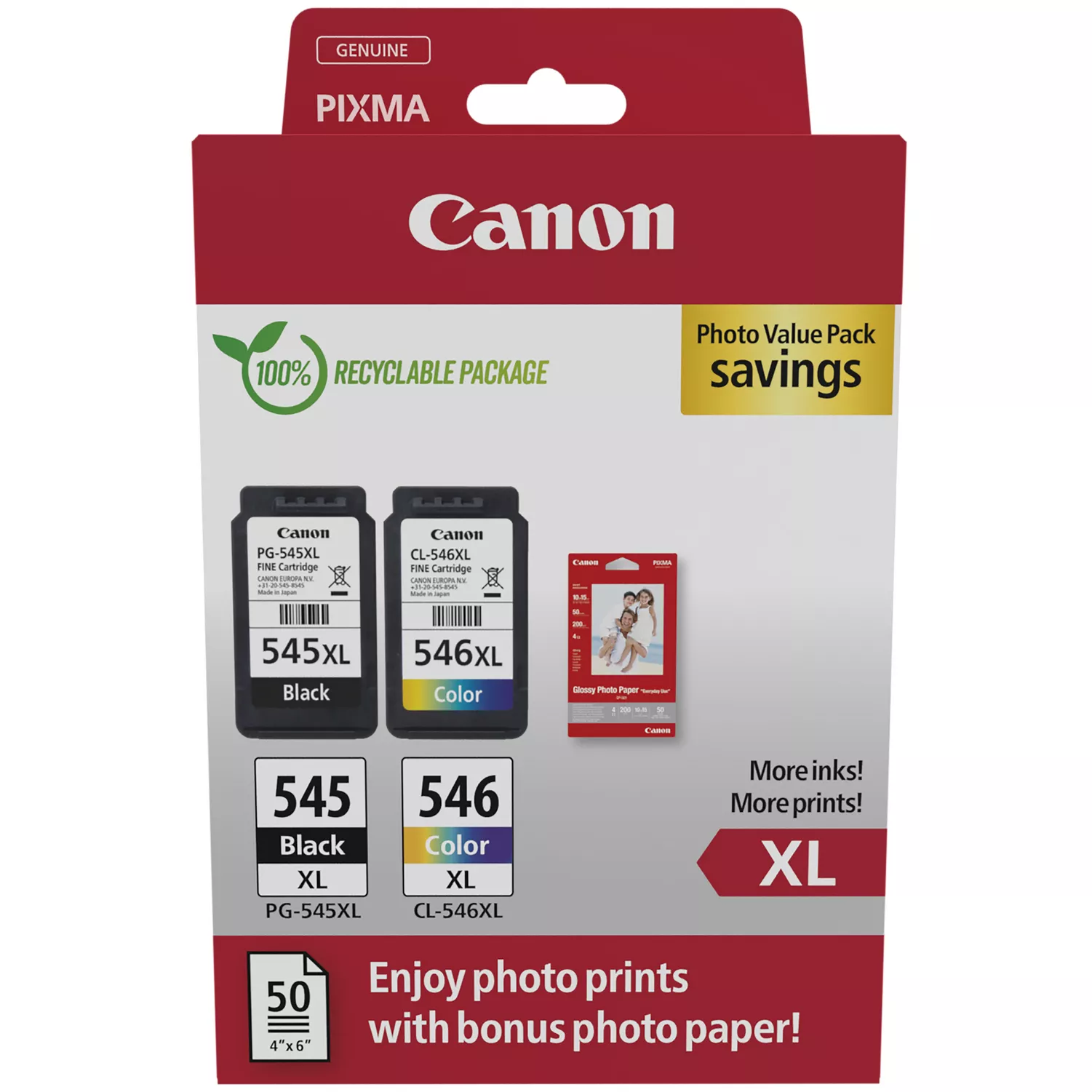 Canon PG545XL Nero + CAN546XL Colore Confezione da 2 Cartucce d'inchiostro Originali + 50 fogli di Carta Fotografica - 8286B011/8286B006