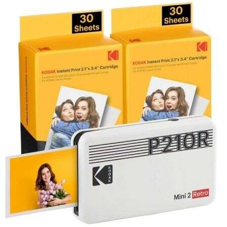 Confezione di stampanti fotografiche portatili Kodak Mini 2 Retro Bluetooth + 60 fogli di carta fotografica - Formato di stampa 5