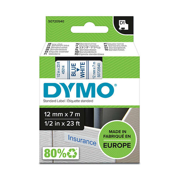 Nastro Originale Dymo D1 per stampanti di etichette - Testo Blu su Fondo Bianco - Larghezza 12mm x 7 metri - S0720540