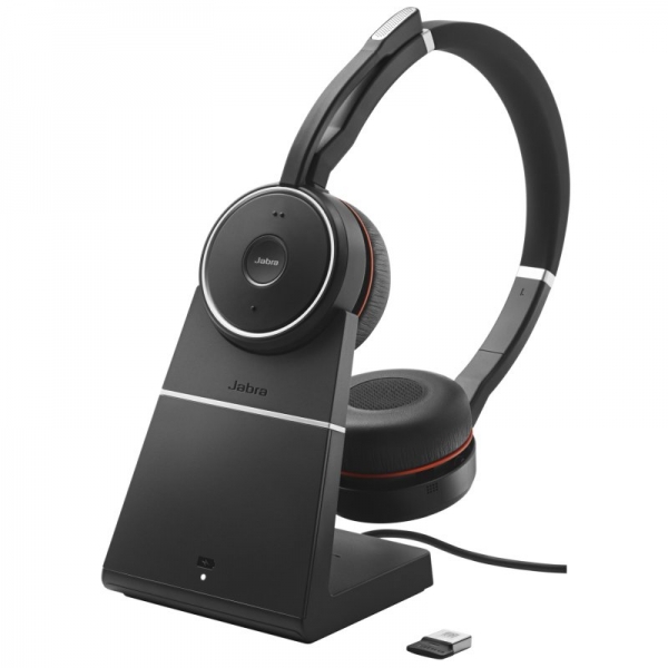 Jabra Evolve 75 SE UC Headset con doppio microfono Bluetooth + supporto di ricarica USB - Voce HD - Cancellazione del rumore - Fino a 18 ore di durata della batteria - Archetto regolabile - Controlli sul cavo - Nero