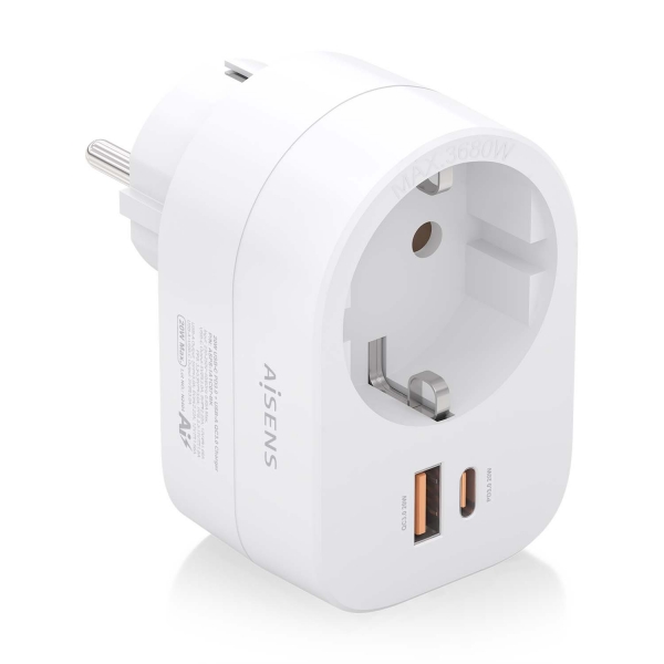 Aisens Presa multipla da parete multifunzione con 1 presa + 1xUSB-C 20W PD3.0 - 1xUSB-A 20W QC3.0 - Colore bianco