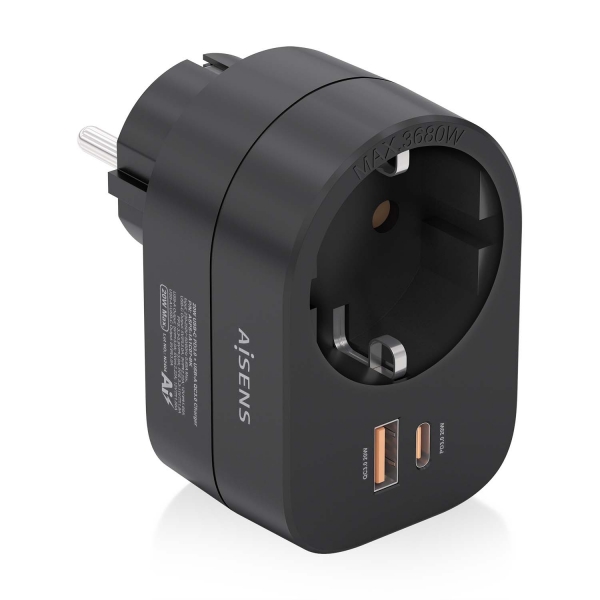 Aisens Presa multipla da parete multifunzione con 1 presa + 1xUSB-C 20W PD3.0 - 1xUSB-A 20W QC3.0 - Colore Nero