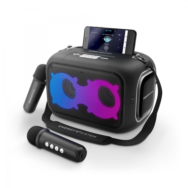 Energy Sistem KaraokeStar Altoparlante 60W - Bluetooth 5.4 - True Wireless - IPX4 - Autonomia 8h - Luci LED - 2 Microfoni Wireless - Lettore MP3 - Colore Nero