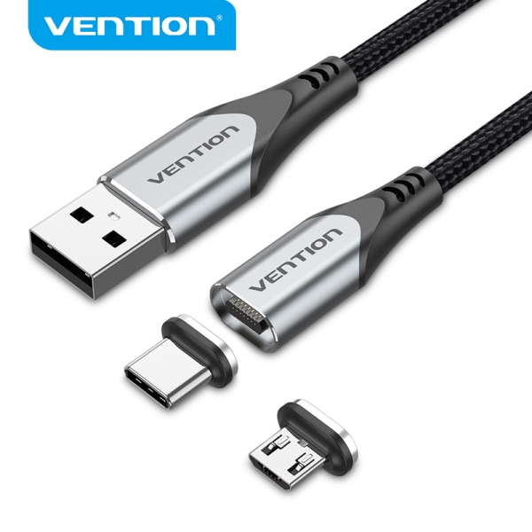 Vention CQMHD Cavo magnetico da USB-A 2.0 a Micro-B e USB-C - Connettori intercambiabili - Trasferimento 480 Mb/s - Colore grigio