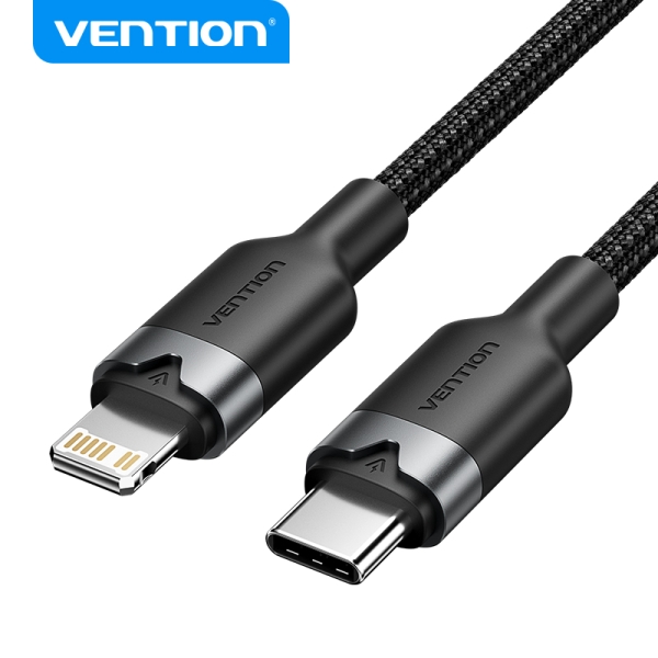 Cavo di ricarica USB-C/Lightning Vention - Alluminio intrecciato - 480 Mbps - 3 A - 27 W max - Colore nero