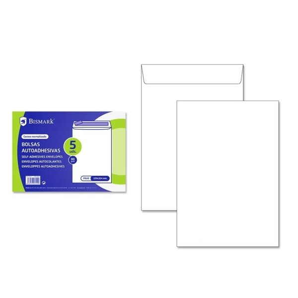Bismark Confezione da 5 buste di carta 90 g - Misure 229x324 mm - Chiusura autoadesiva - Colore Bianco