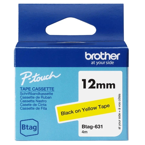 Brother Btag-631 Nastro 12mm - Testo nero su fondo giallo - Misure 12mmx4 metri - Adatto per PTN10