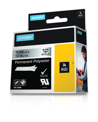 Nastro Originale per stampanti di etichette Dymo Rhino ID1-12 - Testo Nero su Fondo Argento - Larghezza 12mm x 5