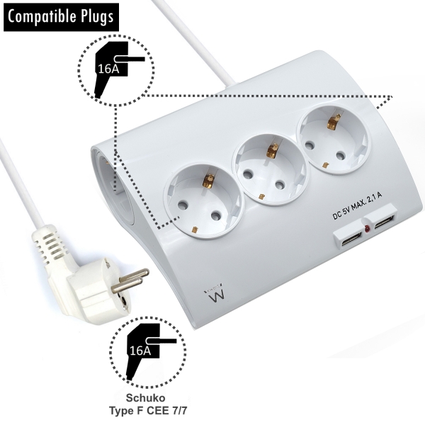 Ewent Multipresa - 5 prese - Versione Schuko - 16A - 2 porte USB - Cavo da 1