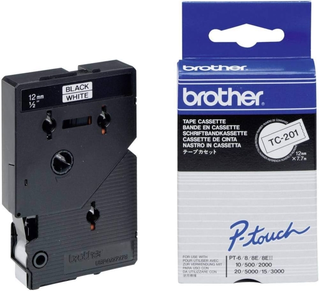 Brother TC201 Nastro Originale per Stampanti di Etichette - Testo Nero su Fondo Bianco - Larghezza 12mm x 7 metri
