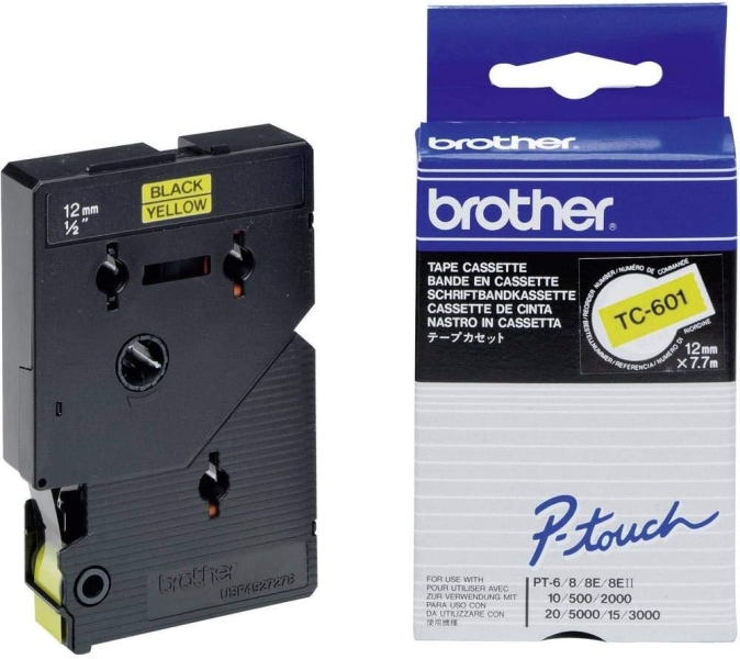Brother TC601 Nastro originale laminato per stampanti di etichette - Testo nero su fondo giallo - Larghezza 12 mm x 7 metri