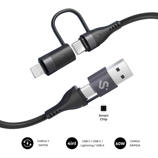 Cavo Subblim Top 4 in 1 - USB-A USB-C Lightning - 60W - Nylon intrecciato - Ricarica rapida - 1 metro