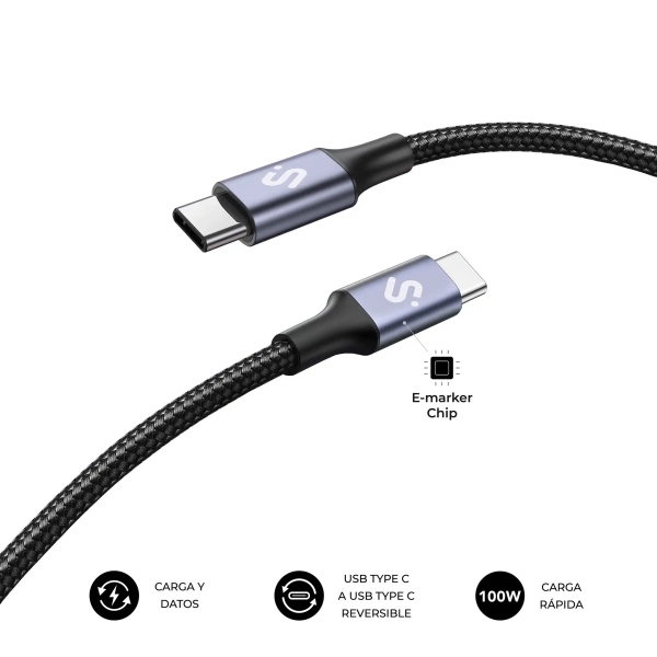 Subblim Cable Plus USB-C - 100 W - Nylon intrecciato - 480 Mbps - Chip E-Marker - 1 metro - Colore nero