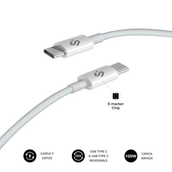 Subblim Cable Plus USB-C - 100W - Nylon intrecciato - 480Mbps - Chip E-Marker - 1 metro - Colore bianco