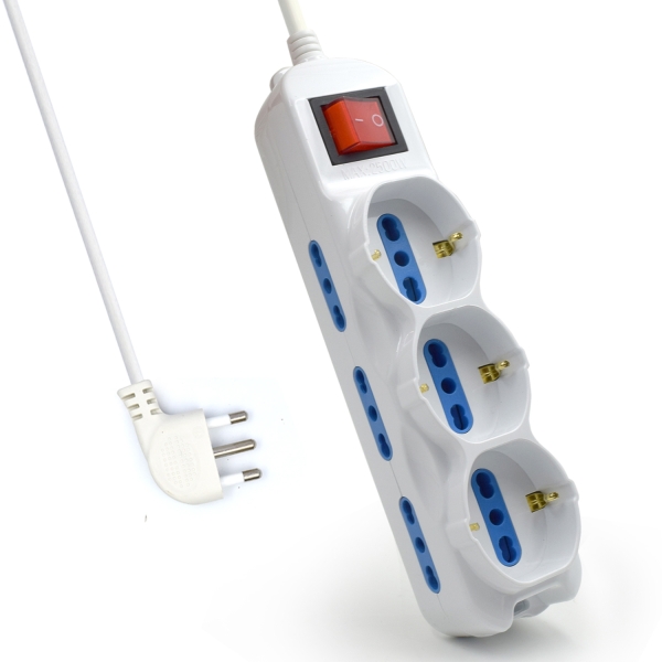 Presa Multipla Ewent con 9 prese - 6 Tappi L + 3 Tappi L/F (Schuko) - Interruttore On/Off - Protezione da sovratensione - Presa piatta italiana ad angolo - Protezione bambini - Cavo da 1