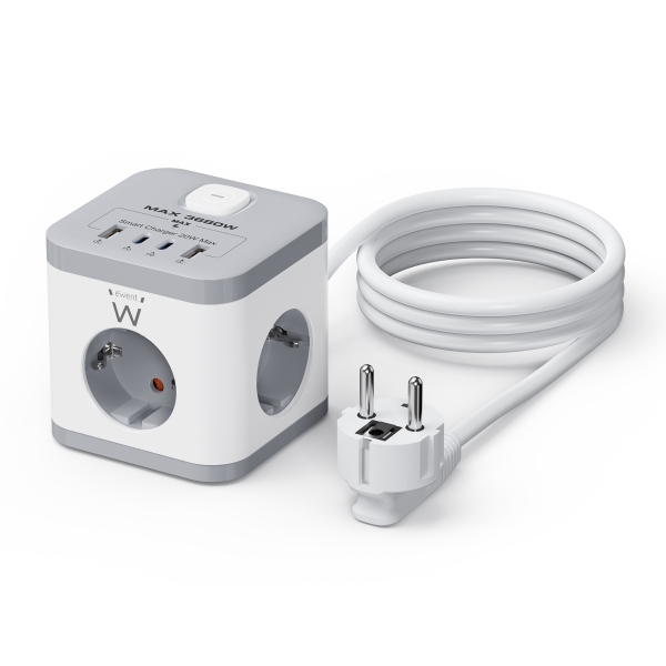 Ewent Multipresa da tavolo a 6 prese - 3x Schuko 16A - 2x USB-A - 2x USB-C - Protezione bambini - Interruttore On/Off - Forma a cubo - Cavo da 1