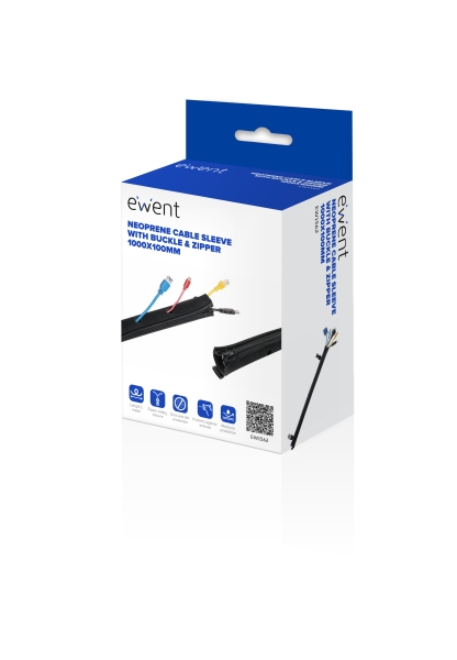 Manicotto organizzatore di cavi in neoprene Ewent - Chiusura con cerniera e fibbia - Resistente all'umidità - 1m - 100mm - Colore Nero
