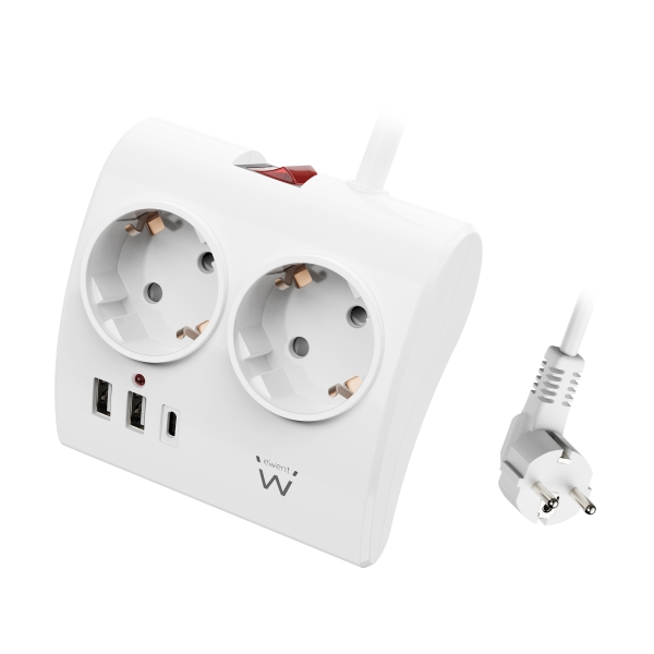 Ewent Ciabatta da tavolo a 5 prese - 2x Schuko 16A - 2x USB-A - 1x USB-C - Interruttore On/Off - Cavo da 1