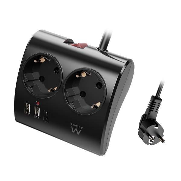 Ewent Ciabatta da tavolo a 5 prese - 2x Schuko 16A - 2x USB-A - 1x USB-C - Interruttore On/Off - Cavo da 1