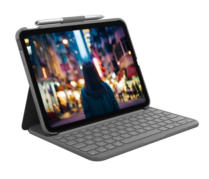 Logitech Slim Folio Keyboard Case per iPad (Gen 10 e A16) - Fino a 3 anni di durata della batteria - Tessuto resistente all'acqua - Colore grafite