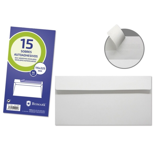 Bismark Confezione da 15 buste americane in carta da 90 g - Misure 115x225 mm - Chiusura autoadesiva - Colore Bianco