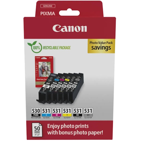 Canon PGI530/CLI531 Confezione da 6 Cartucce d'inchiostro Originali + 50 Fogli di Carta Fotografica 10x15cm - 6117C004